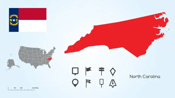 Vector illustration of Map of The United States with the Selected State of North Carolina And North Carolina Flag with Locator Collection