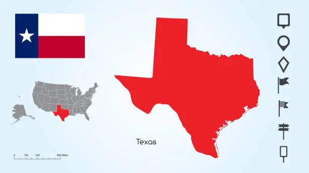 Vector illustration of Map of The United States with the Selected State of Texas And Texas Flag with Locator Collection