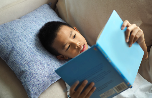 Asian boy reading a book on the sofa at home (selected focus)