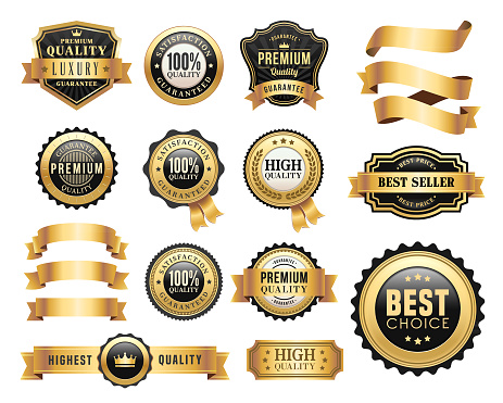 Vector illustration of the gold badges and ribbons set