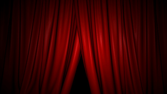 High-resolution 3D animation of the red velvet theatre curtains opening/closing