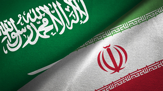 Irán y Arabia Saudita dos banderas juntos relaciones textil tela textura de la tela photo