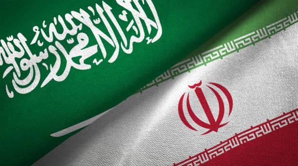 iran and saudi arabia two flags together realations textile cloth fabric texture - arábia saudita imagens e fotografias de stock