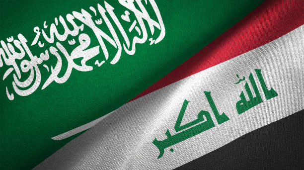 Iraq and Saudi Arabia two flags together realations textile cloth fabric texture Iraq and Saudi Arabia flag together realtions textile cloth fabric texture iraqi flag stock pictures, royalty-free photos & images