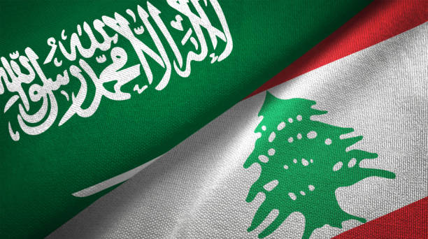 lebanon and saudi arabia two flags together realations textile cloth fabric texture - lebanese flag imagens e fotografias de stock