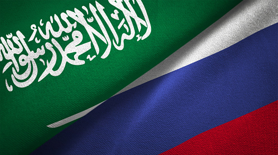 Russia and Saudi Arabia flag together realtions textile cloth fabric texture