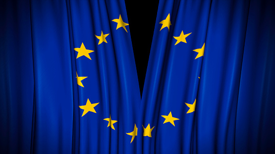 High-resolution 3D animation of the blue velvet theatre curtains with European Union flag opening/closing