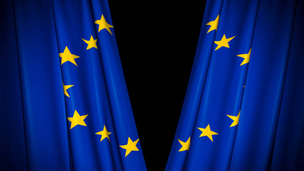 istock The high-quality blue curtain with EU flag opens/closes 1089005370