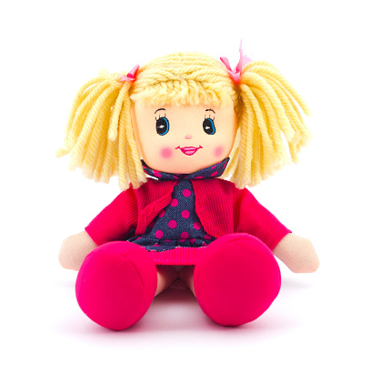 Beautiful blond girl princess. Handmade textile doll. Isolated on white