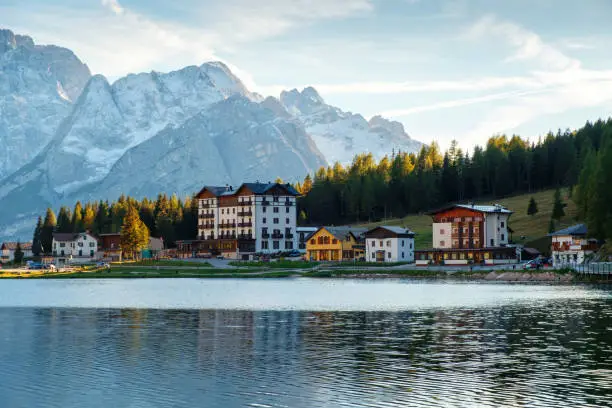 Misurina lake beautiful surroundings  the background Sorapiss mountain and Cristallo mountain of the north Dolomites in Italy, Europe. Near the lake the Drei Zinnen mountain ((Tre Cime di Lavaredo)