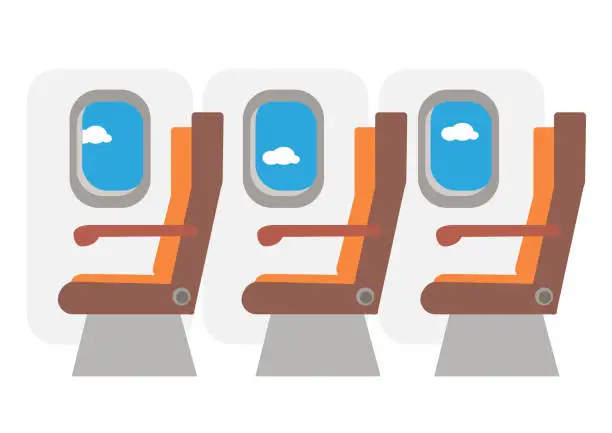 Vector illustration of Commercial aircraft cabin. Rows of seats down the aisle. Vector illustration with white background.