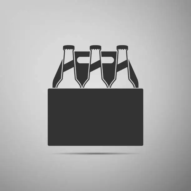 Vector illustration of Pack of beer bottles icon isolated on grey background. Case crate beer box sign. Flat design. Vector Illustration