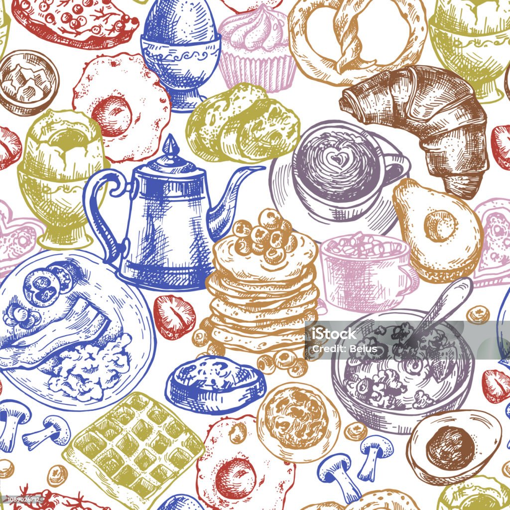 Breakfast Objects Vector Vintage Seamless Pattern Of Breakfast Objects Food Top View ...