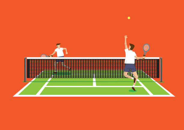 werfen und tennissport in tennis-court-vektor-illustration dienen - tennis tennis ball serving racket stock-grafiken, -clipart, -cartoons und -symbole