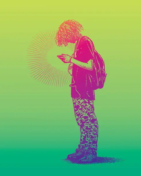 Vector illustration of Hipster boy using phone and listing to music