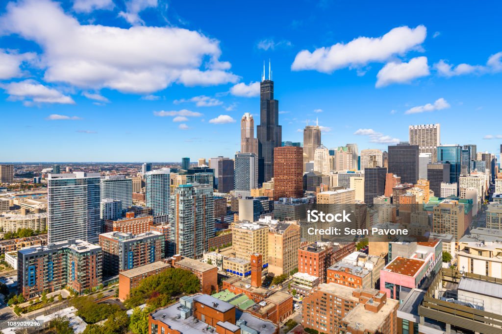 Chicago, Illinois, USA downtown city skyline from above Chicago, Illinois, USA downtown city skyline from above in the afternoon. Chicago - Illinois Stock Photo