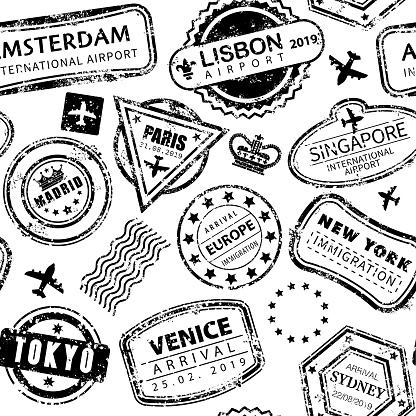 Vector Illustration of a beautiful Seamless Background with International Travel Grunged Stamps
