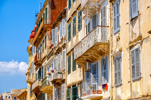 Beautiful island of Corfu and old houses in the charming little streets in Greece ( Kerkyra )