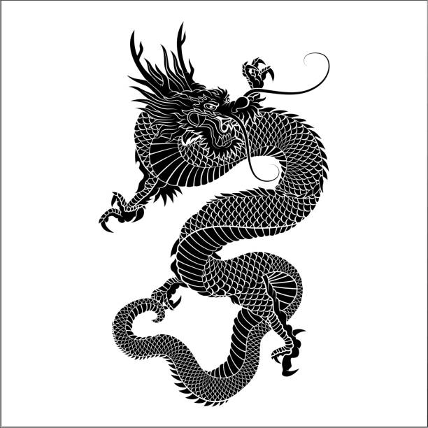 illustrations, cliparts, dessins animés et icônes de silhouette de dragon chinois rampant - dragon