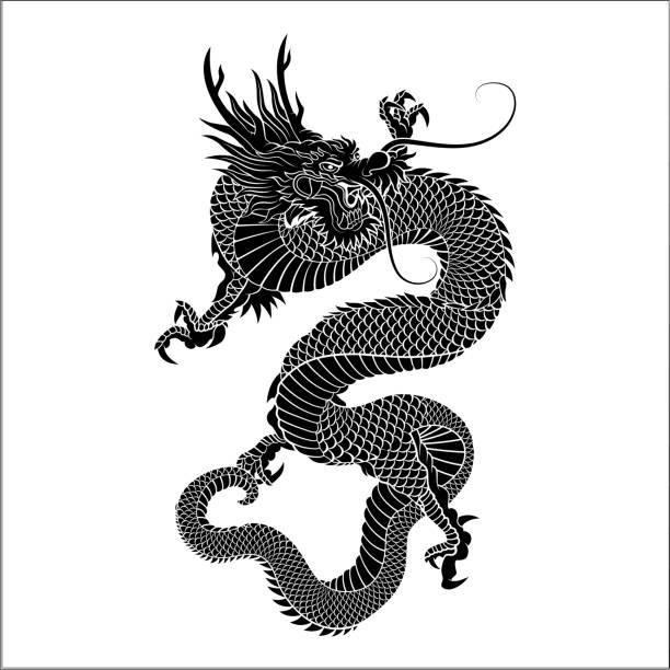 Silhouette of Chinese dragon crawling Chinese dragon silhouette vector asian tattoos stock illustrations
