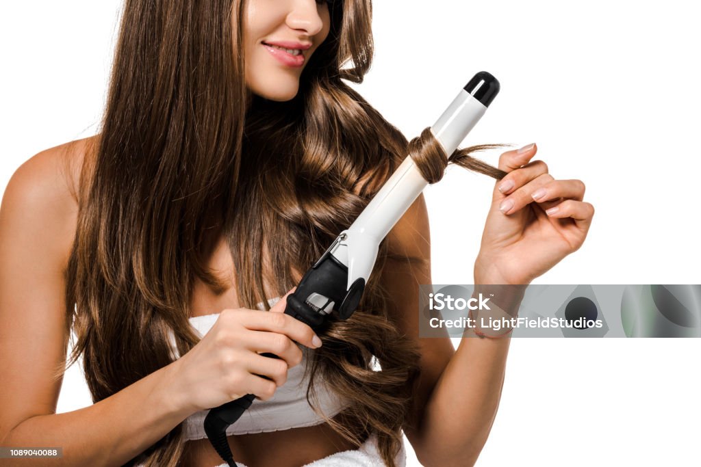 Cropped View Of Girl With Long Brown Hair Using Curling Iron Isolated On  White Stock Photo - Download Image Now - iStock