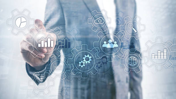 istock Business process abstract diagram with gears and icons. Workflow and automation technology concept 1089043008