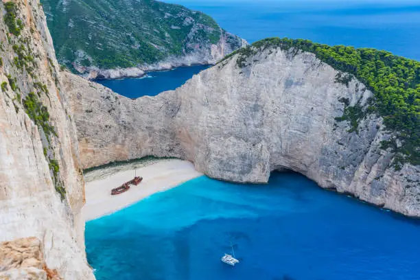 Photo of Greece, Zakynthos, Magic navagio beach also called smugglers cove from above
