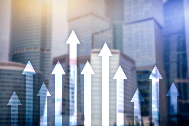 istock Up arrow graph on skyscraper background. Invesment and financial growth concept. 1089046540
