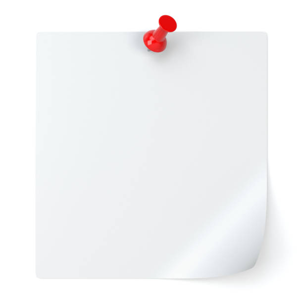 carta da nota bianca e puntina da dito isolata su sfondo bianco - illustrazione 3d - straight pin paper isolated single object foto e immagini stock