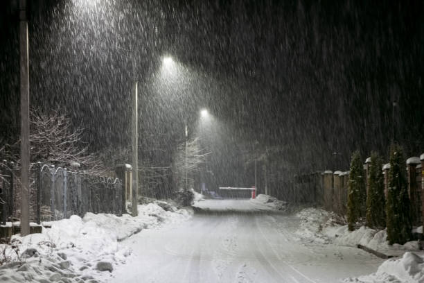istock Winter night landscape with falling snowflakes 1089056530