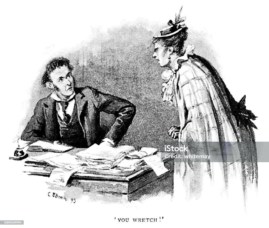 Angry Victorian woman complaining to an office worker An confrontational Victorian woman complaining bitterly to a startled man seated at a desk covered in documents. From “The Humour of America - Selected, with an Introduction and index of American Humorists, by James Barr. Illustrations by C.E. Brock”. Published in 1893 by Walter Scott Ltd, London. File Clerk stock illustration