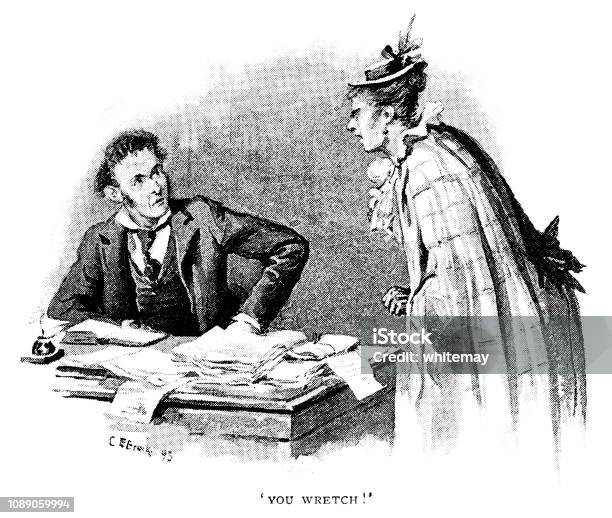 Angry Victorian Woman Complaining To An Office Worker Stock Illustration - Download Image Now