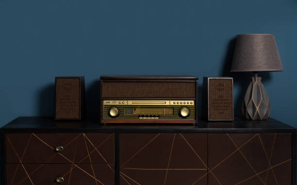 wooden retro style Music station with table lamp on wooden cabinet wooden retro style Music station with table lamp on wooden brown cabinet wooden flash drive stock pictures, royalty-free photos & images