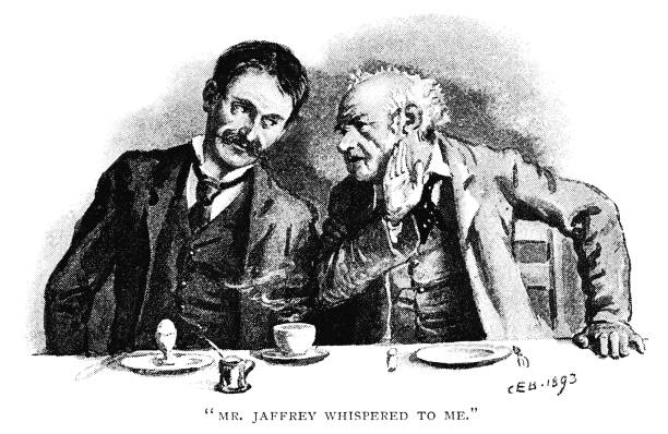 ilustrações, clipart, desenhos animados e ícones de do século xix de um homem sussurrando para outro na mesa do café - finger on lips black and white secrecy men