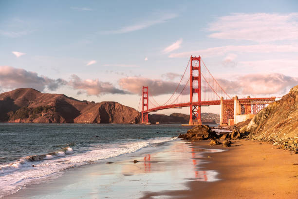 istock Golden gate bridge at golden hour view from Marshal's beach. 1089064390