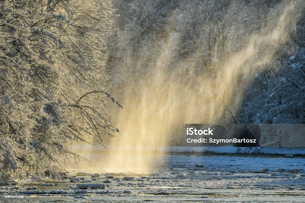 Snow falling from trees at sunrise. Winter in the San Valley. Bieszczady mountains. Poland Bieszczady Mountains Stock Photo