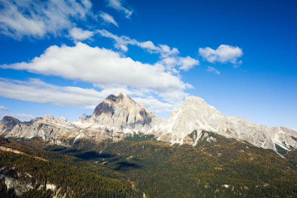 Majestic twin peaks under the clear blue sky, Dolomite Alps, Italy