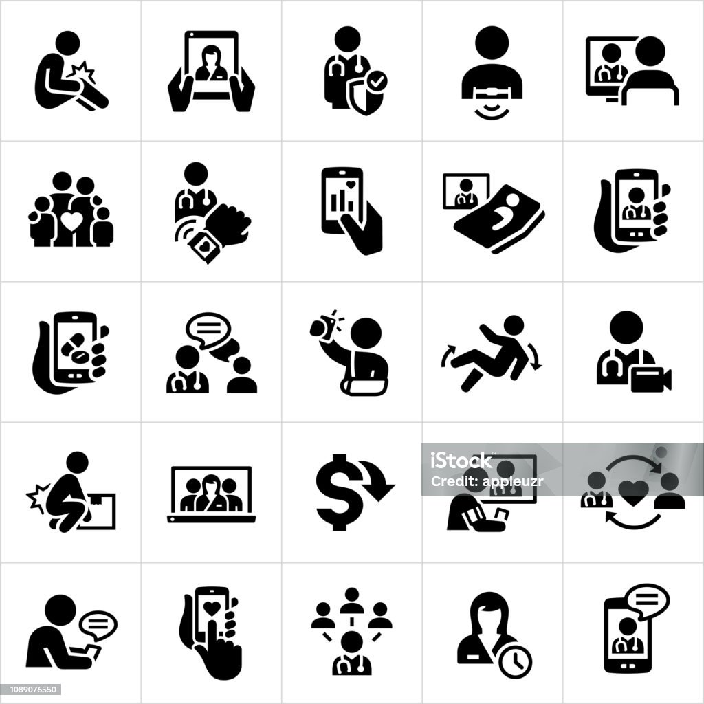 Telemedicine Icons A set of telemedicine icons. The icons show several patient and doctor checkups via smartphone, computer monitor and other technology screens. The icons include injuries, face-to-face meeting with physicians, heart rate monitor, wearable technology, online chat, teleconferencing and other forms of technology making Telehealth possible. Icon Symbol stock vector