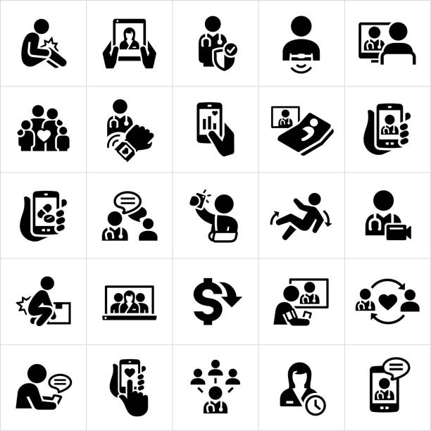 Telemedicine Icons A set of telemedicine icons. The icons show several patient and doctor checkups via smartphone, computer monitor and other technology screens. The icons include injuries, face-to-face meeting with physicians, heart rate monitor, wearable technology, online chat, teleconferencing and other forms of technology making Telehealth possible. patient icons stock illustrations