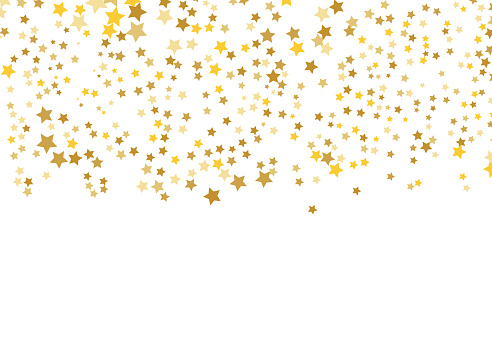Gold Star Vector. Shine confetti pattern. Falling shiny stars. Golden Starry print. Simple design. Eps10.