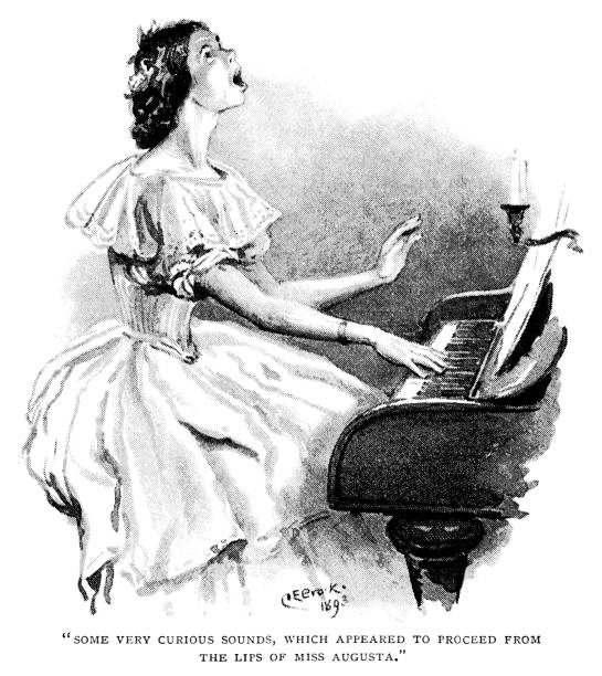 Young Victorian lady playing the piano and singing A young nineteenth century woman sitting at a piano and singing, apparently rather badly. From “The Humour of America - Selected, with an Introduction and index of American Humorists, by James Barr. Illustrations by C.E. Brock”. Published in 1893 by Walter Scott Ltd, London. britain british audio stock illustrations