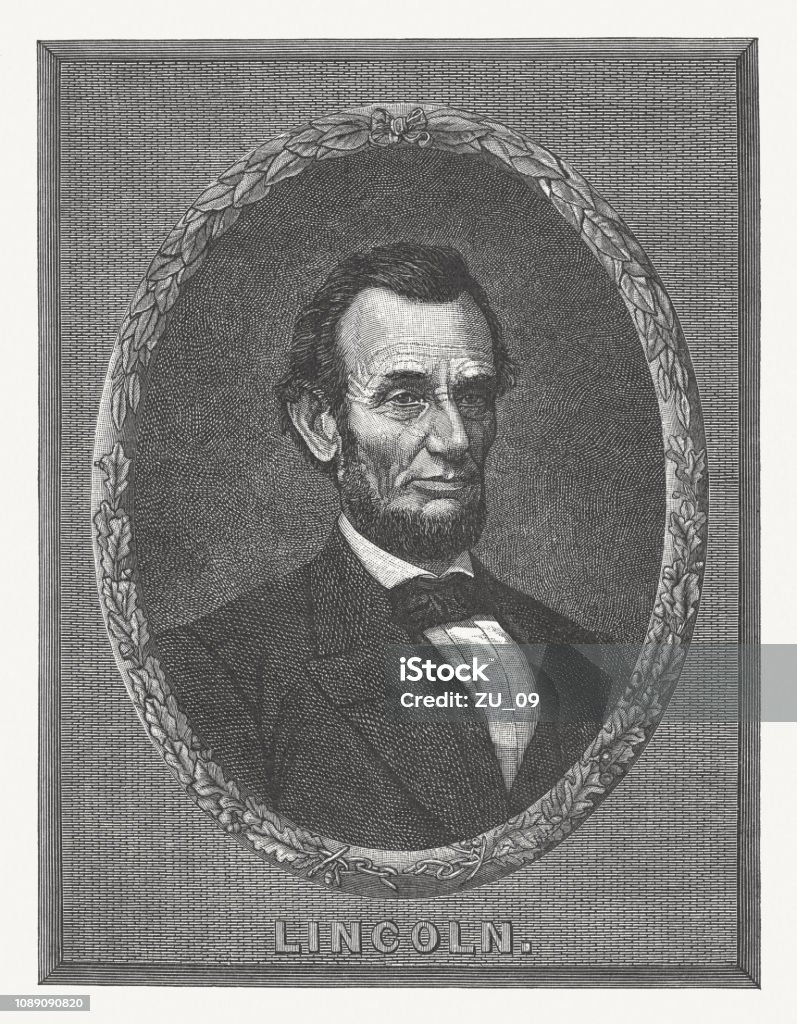 Abraham Lincoln (1809-1865), 16th U.S. president, wood engraving, published 1886 Abraham Lincoln (1809 - 1865) - American lawyer, politician , and the 16th president of the United States from 1861 until his assassination in April 1865. Wood engraving after a copper engraving by Henry Gugler Sr. (German engraver, 1816 - 1880) after an oil painting by Littlefield, published in 1886. Border - Frame stock illustration