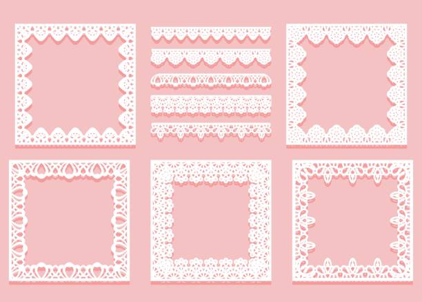 Conjunto de marco de encaje blanco de formas cuadradas y divisores. Elementos vintage de tracería aislados en un fondo rosa.