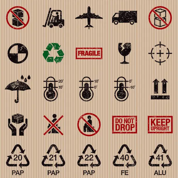 Vector illustration of Packaging Symbols Grunge Icon Set