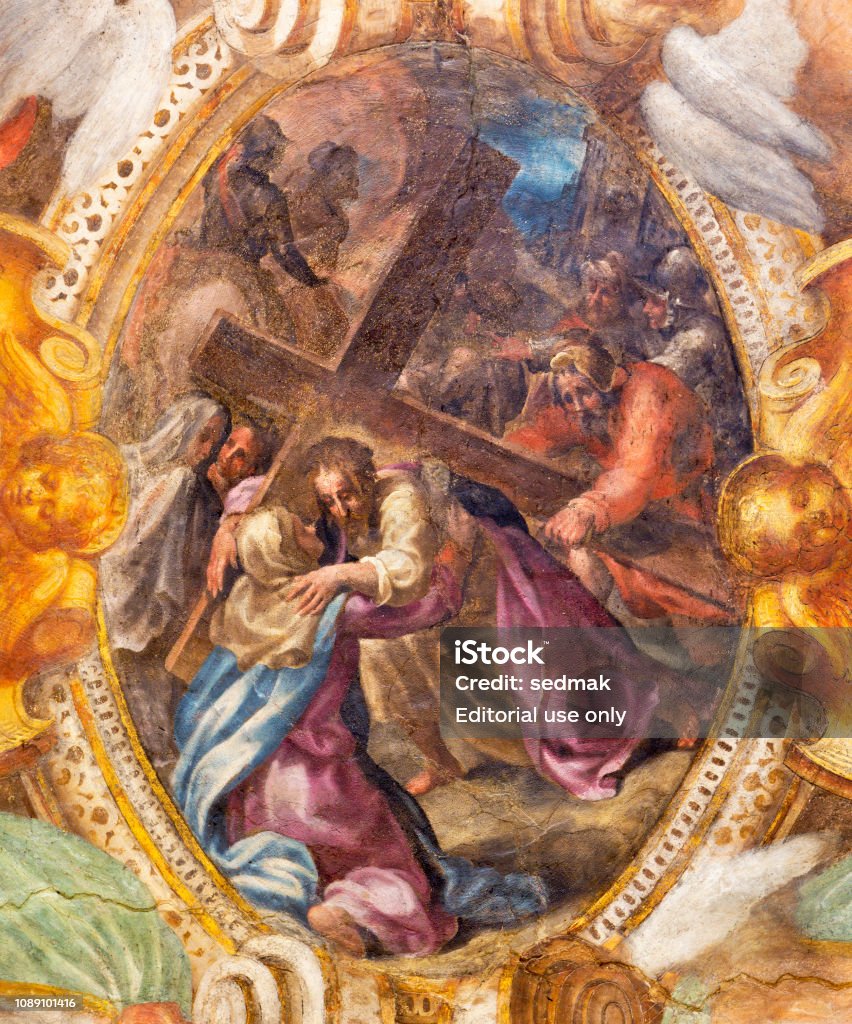 Парма - Фреска Иисуса с крестом встречает свою мать в церкви Кьеза ди Санта-Мария-дель-Анжели Пьер Антонио Бернабей (1620). - Стоковые фото Архитектура роялти-фри