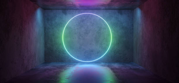 istock Futuristic Sci Fi Elegant Modern Neon Glowing Circle Shaped Lines Tubes Purple Pink Blue Colored Lights In Dark Empty Grunge Concrete Room Background 3D Rendering 1089102698