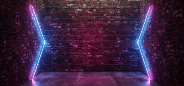 istock Futuristic Sci Fi Elegant Modern Neon Glowing Arrow Shaped Lines Tubes Purple Pink Blue Colored Lights In Dark Empty Grunge Concrete Room Background 3D Rendering 1089102922