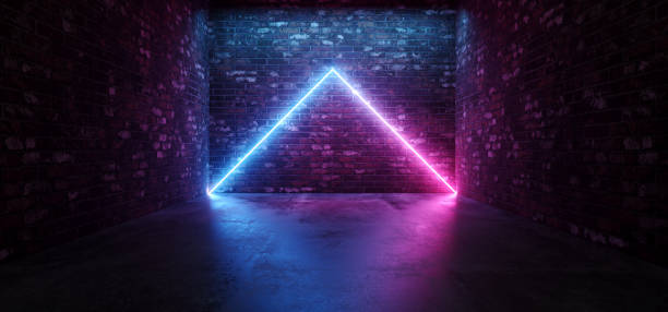 istock Futuristic Sci Fi Elegant Modern Neon Glowing Triangle Shaped Lines Tubes Purple Pink Blue Colored Lights In Dark Empty Grunge Concrete Bricks Room Background 3D Rendering 1089102960