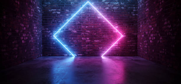 istock Futuristic Sci Fi Elegant Modern Neon Glowing Rectangle Shaped Lines Tubes Purple Pink Blue Colored Lights In Dark Empty Grunge Concrete Bricks Room Background 3D Rendering 1089103392