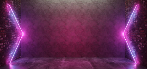 istock Futuristic Sci Fi Elegant Modern Neon Glowing Arrow Shaped Lines Tubes Purple Pink Blue Colored Lights In Dark Empty Grunge Concrete Bricks Room Background 3D Rendering 1089103830
